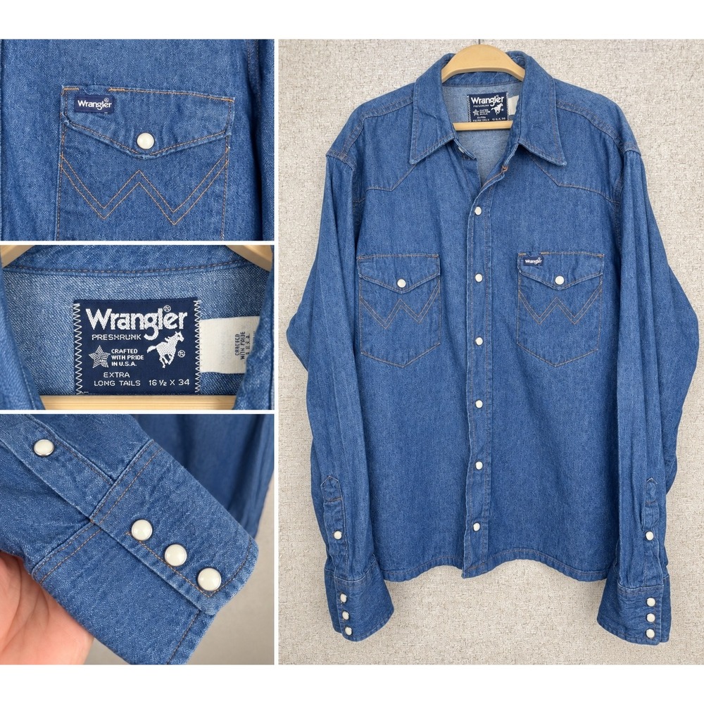 Vintage Wrangler Indigo Denim Pearl Snap Western Shirt 70127MW USA 16.5x34 L